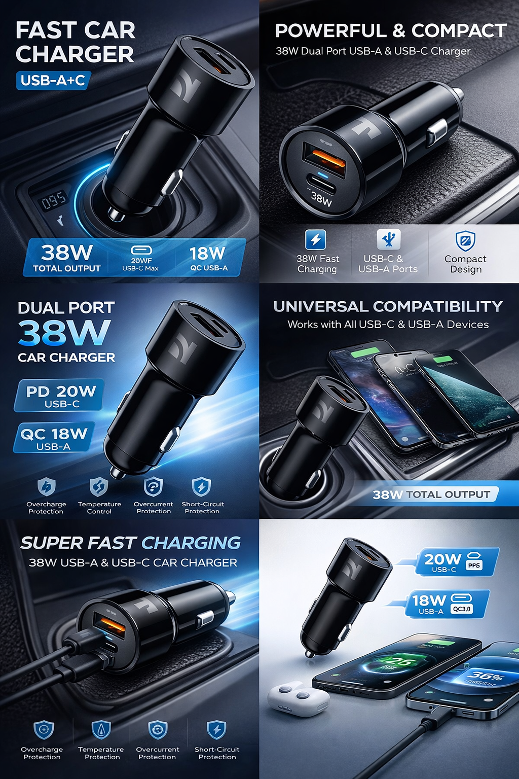 38W Dual Port Fast Car Charger