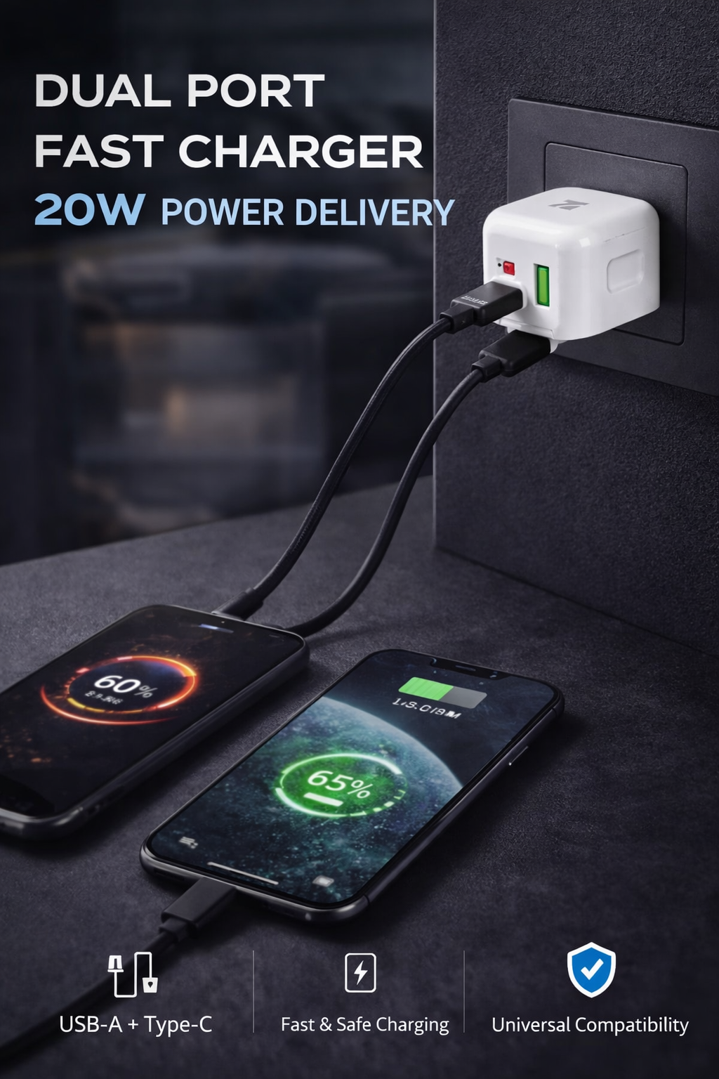 NCC 20W PD Fast Charger – Dual Port USB-A & Type-C Power Adapter