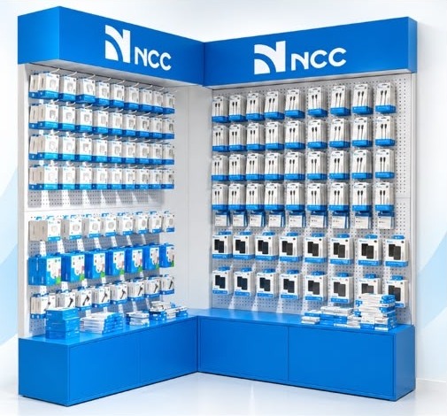 NCC retail display: a corner unit stocked with NCC accessories